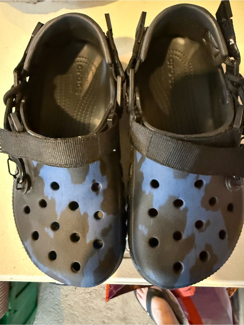 CROCS Women's Clog Sandals in Black and Blue Camouflage